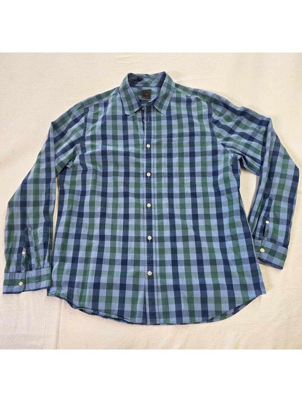 Gap Live-In Wash Men's XL Blue Green Plaid Cotton Point Collar Shirt 100% Cotton